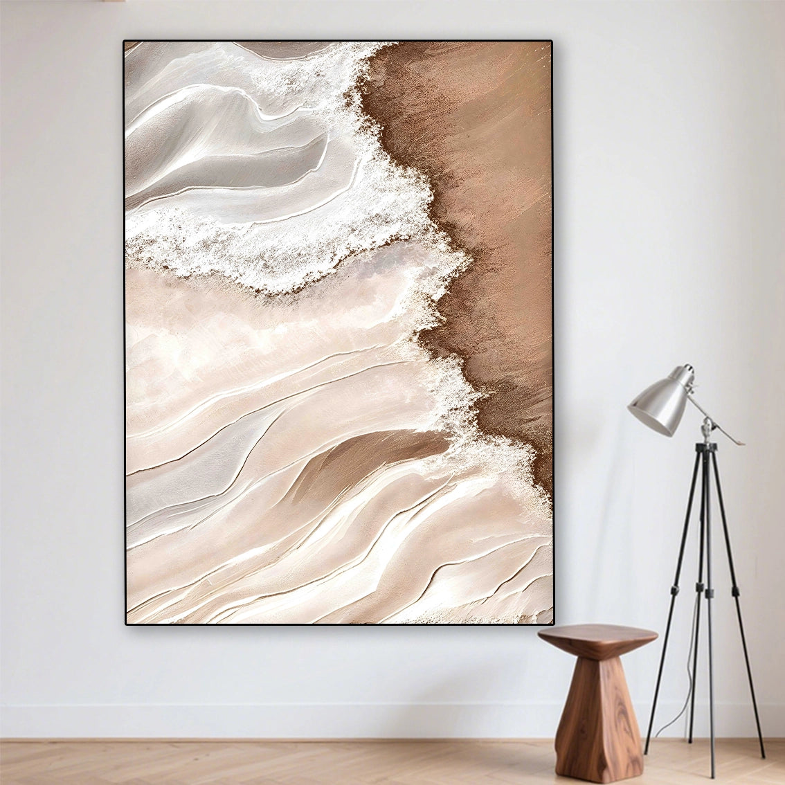 Modern beige wave pearl wall art with heavy texture, perfect for minimalist wall decor settings.