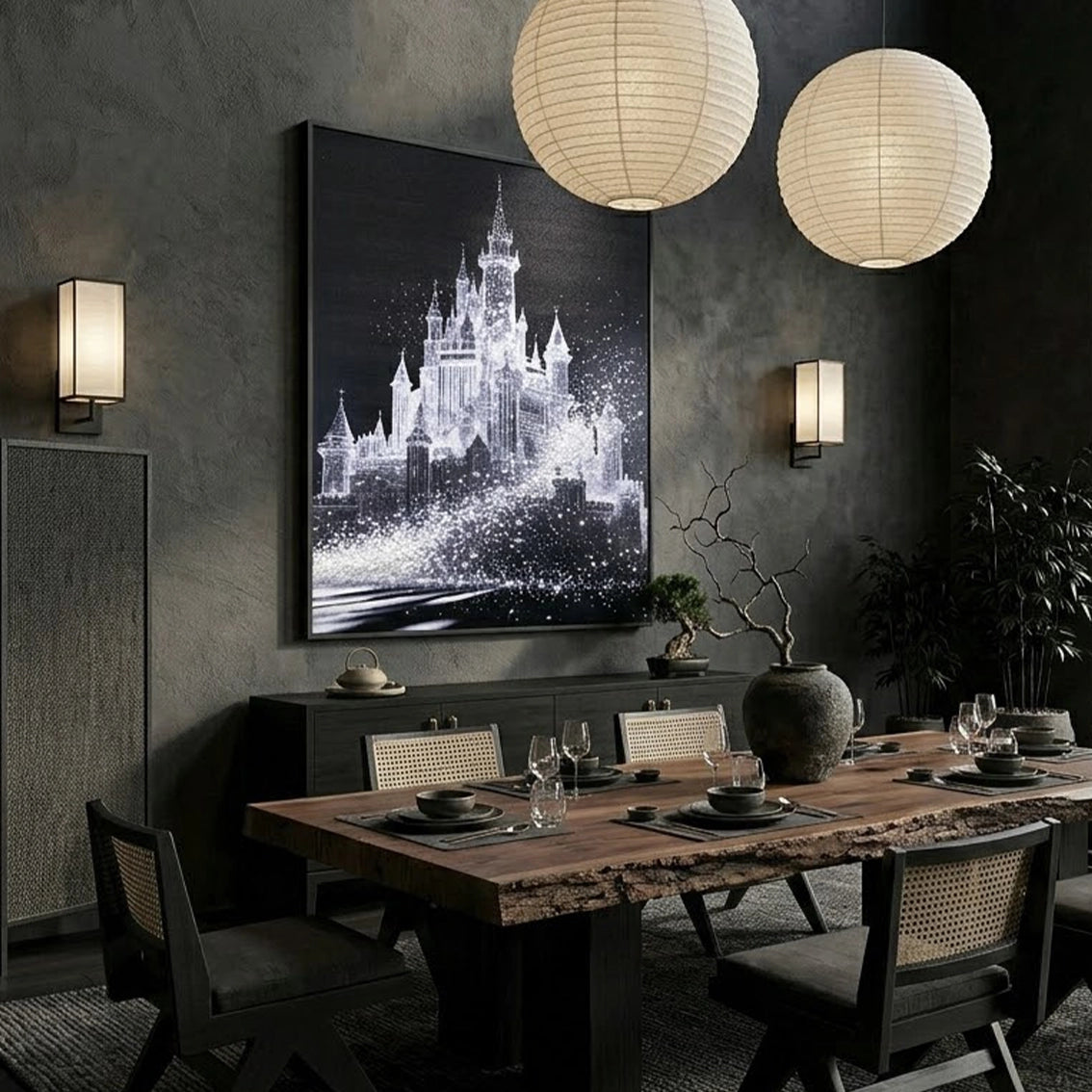 Modern black castle wall art for dining room and living room decor.