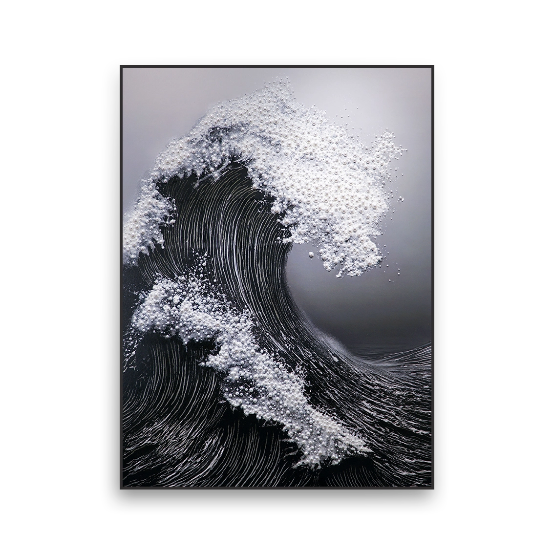 Modern black wave wall art with heavy texture and pearl inlay.
