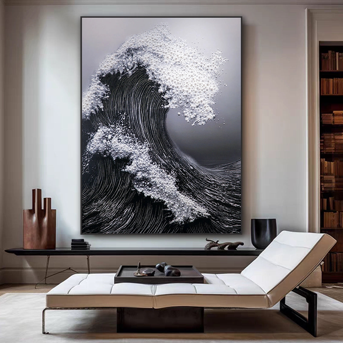 Modern black wave wall art with pearl inlay for luxury living room decor.