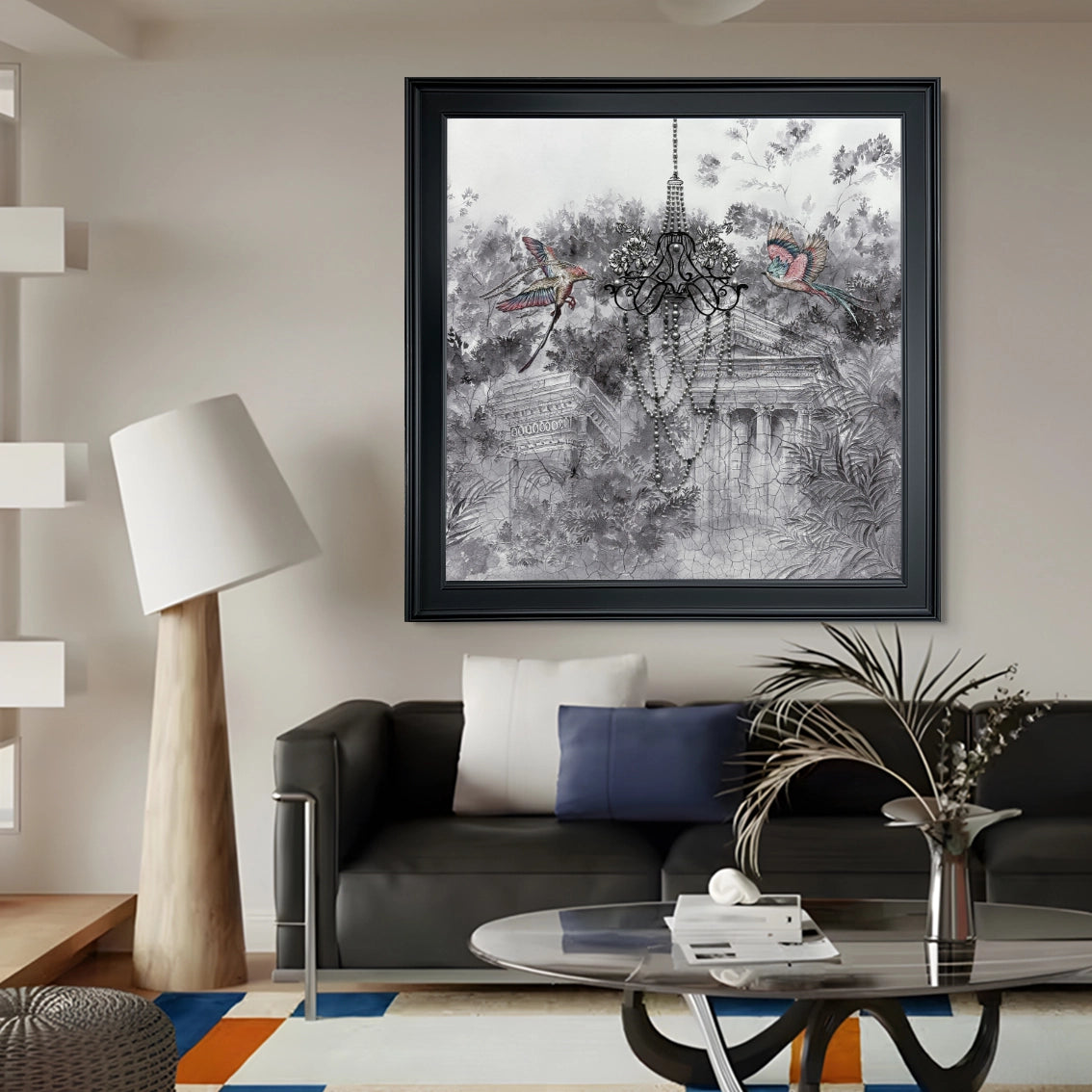 Modern wall decor featuring chandelier and bird pearl textured art in a contemporary living space.