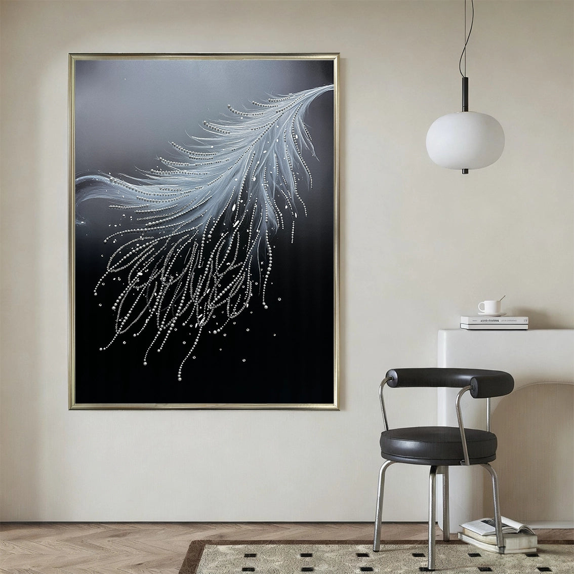 Modern feather textured wall art with pearl diamond accents perfect for hallway or entryway décor