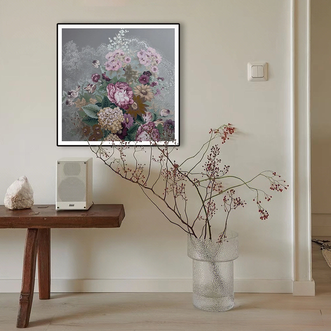 Floral textured wall art with diamond inlay shown as modern wall decor enhancing a minimalist home interior.