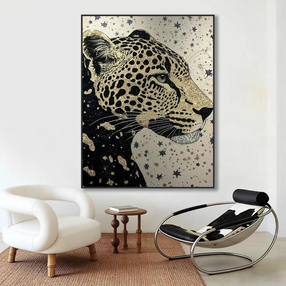 Modern gold leopard pearl wall art for living room interior design and home decor.