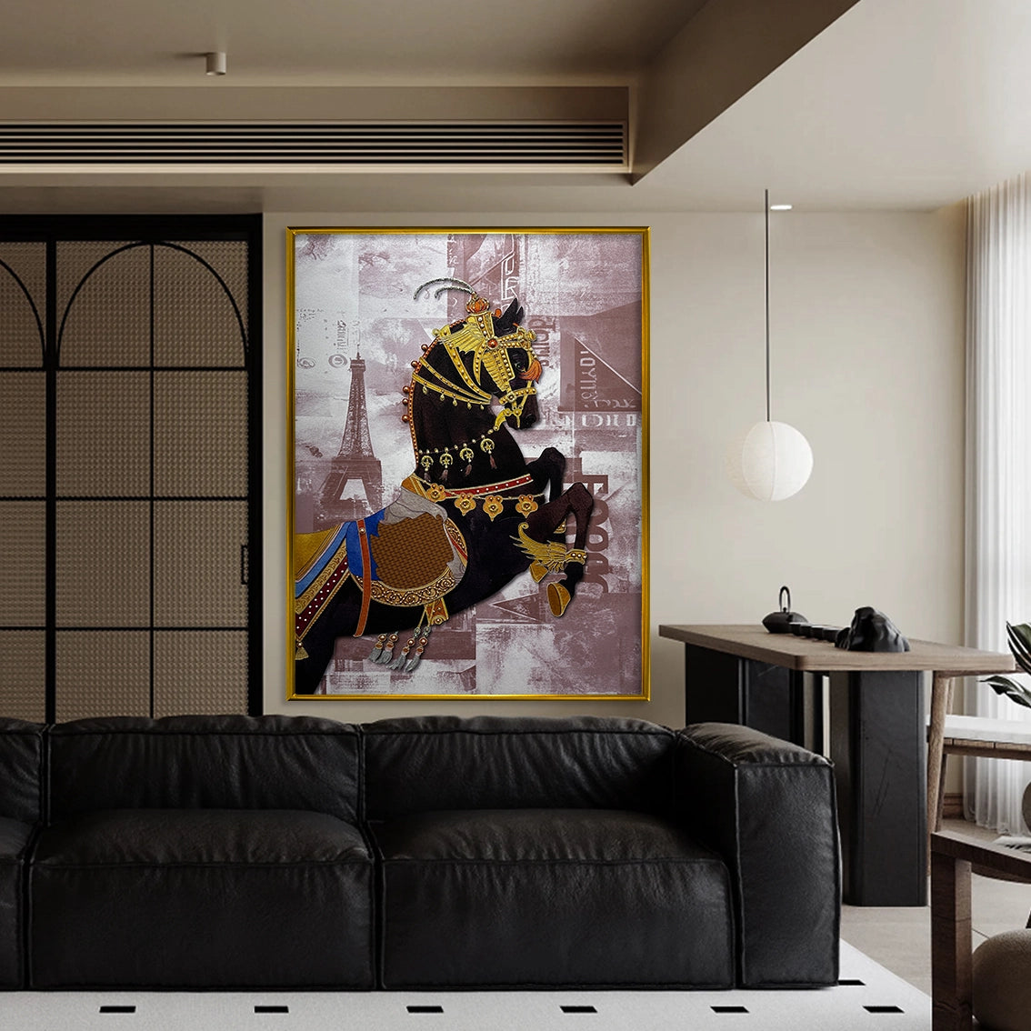 Modern living room with luxury horse pearl-inlay wall art, creating a bold and stylish focal point.
