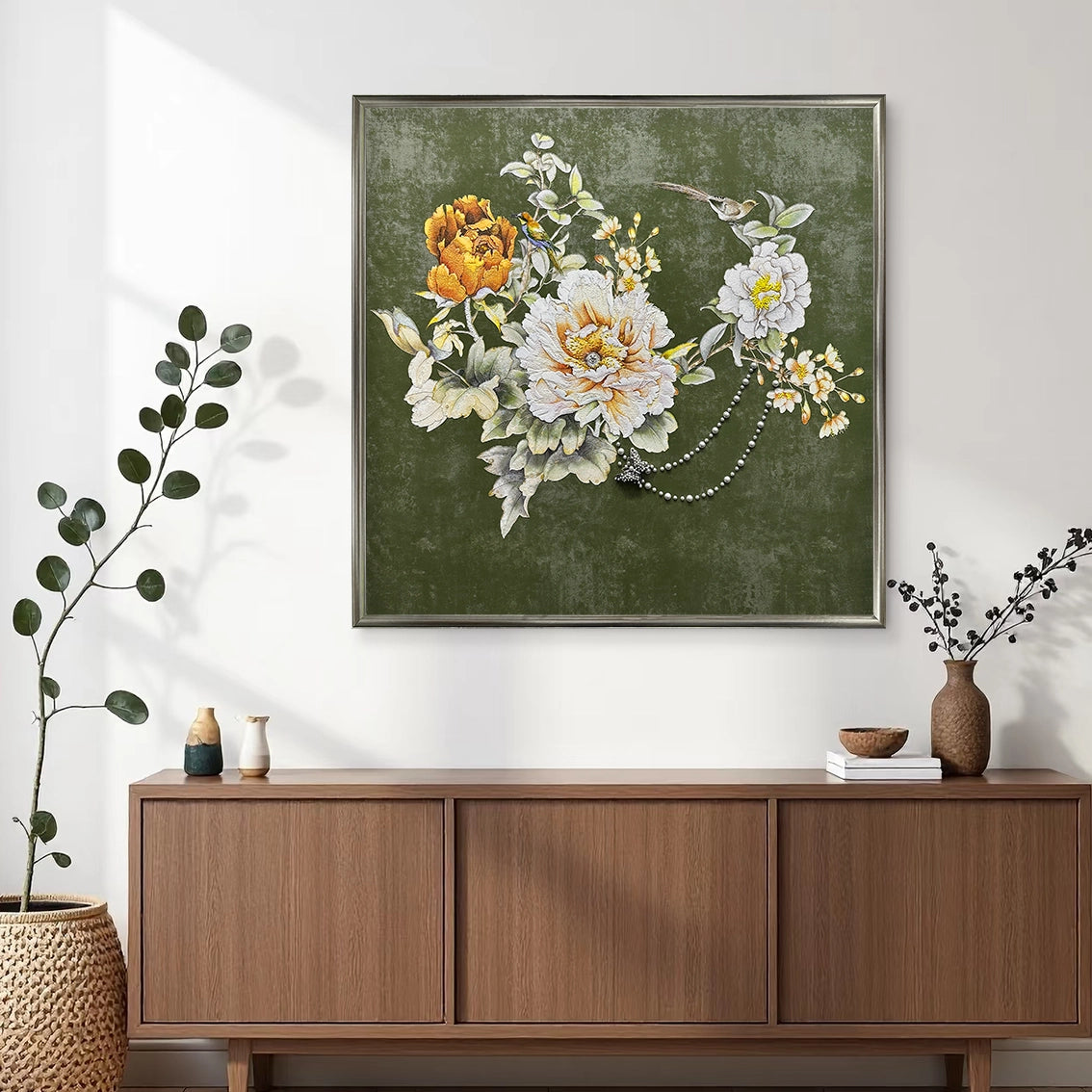 Modern interior featuring green floral wall art with heavy texture and pearl inlay craftsmanship.