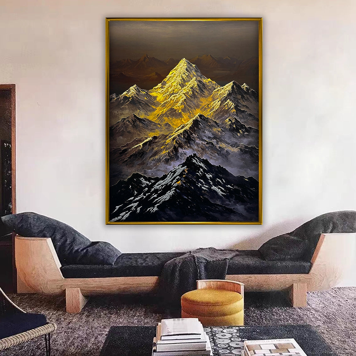 Modern mountain wall decor with heavy texture and pearl detailing featured in a stylish lounge.