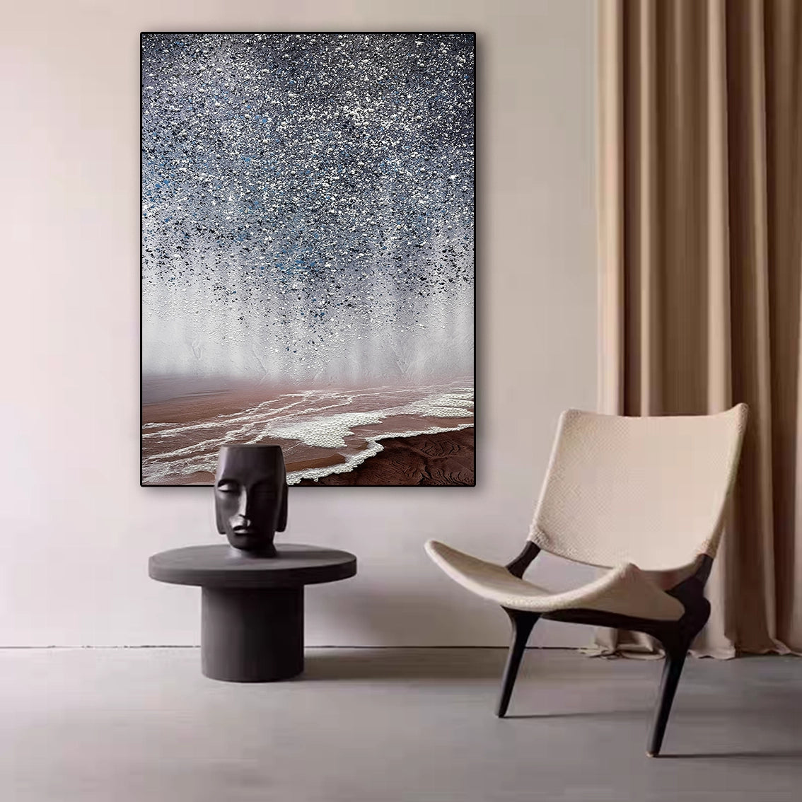 Modern seascape wall art with pearl-crystal texture, elegant wall decor for living room or reading corner.
