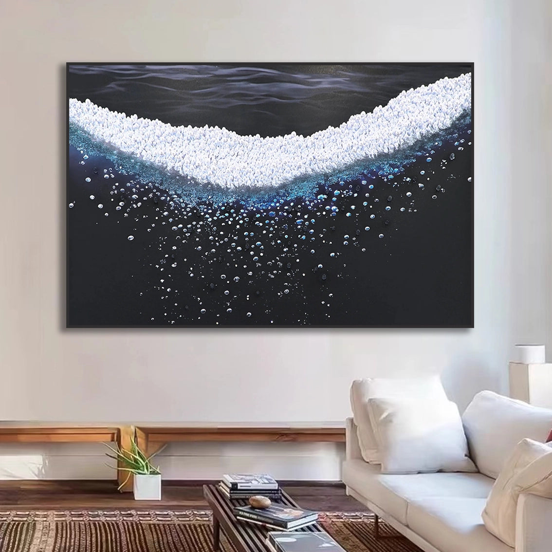 Modern textured ocean wave wall art for living room above white sofa wall decor.