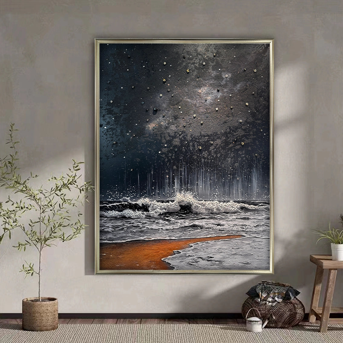 Modern textured seascape wall art featuring pearl and crystal accents, perfect for elegant coastal wall decor.