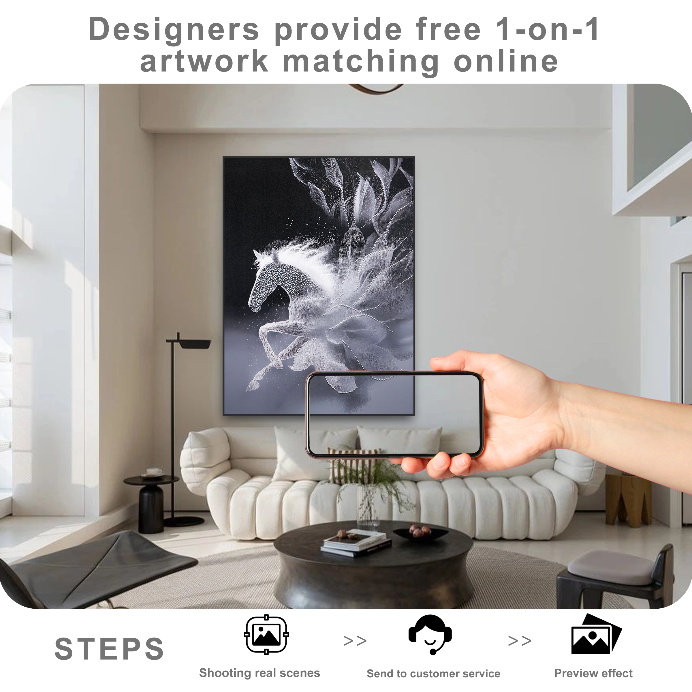 Free online artwork matching service showing wall art placement preview for modern home decor styling.