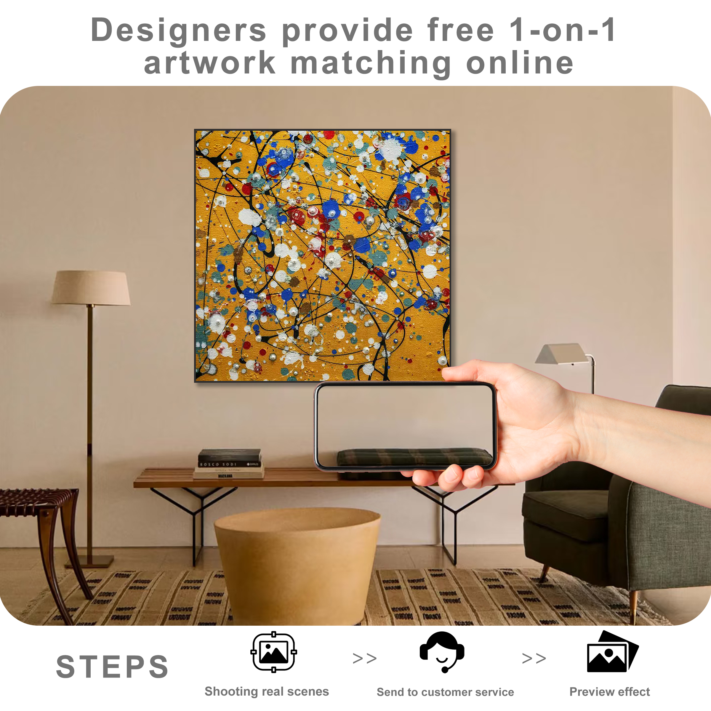 Free online artwork matching service showing wall art placement preview for modern home decor styling.