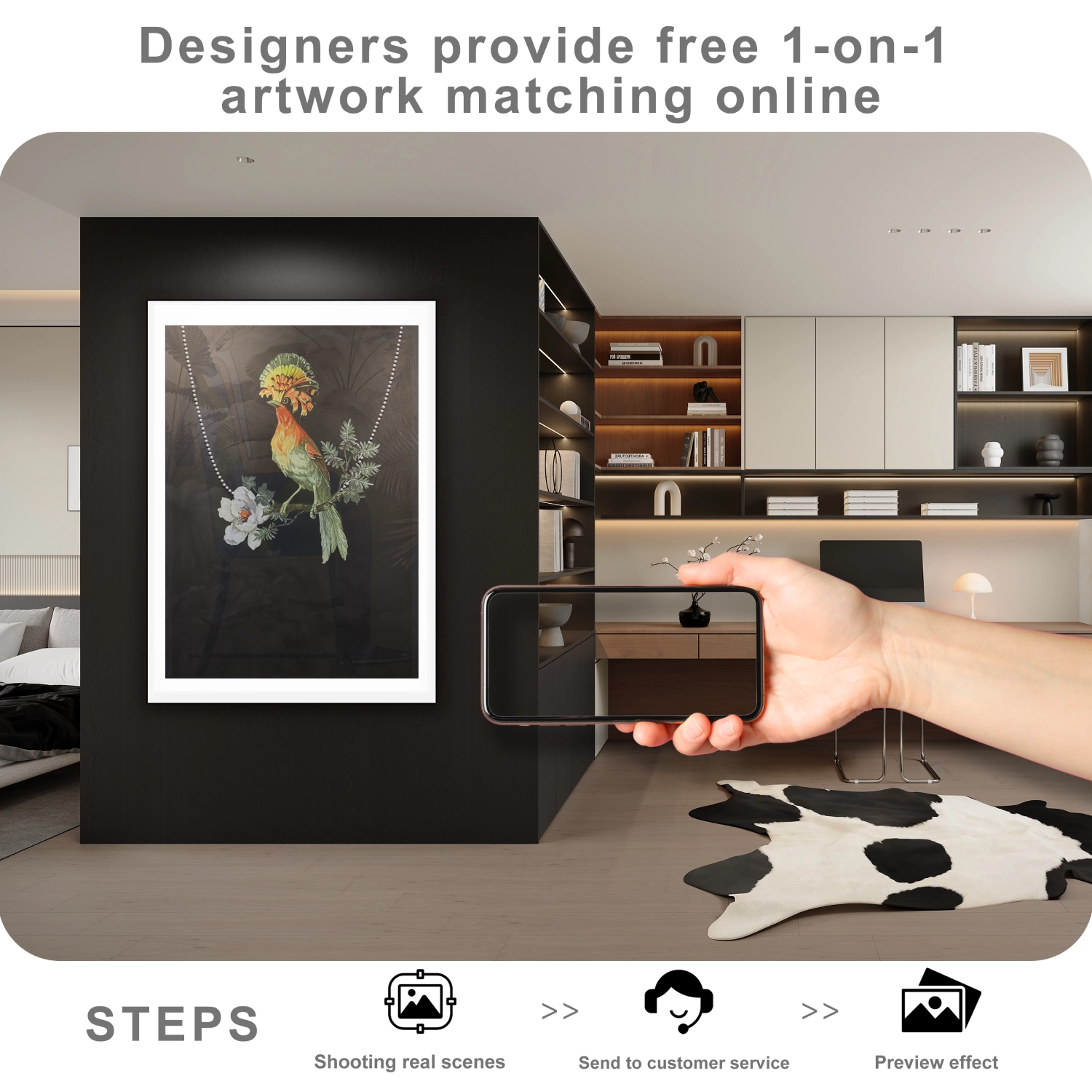 Free online artwork matching service showing wall art placement preview for modern home decor styling.
