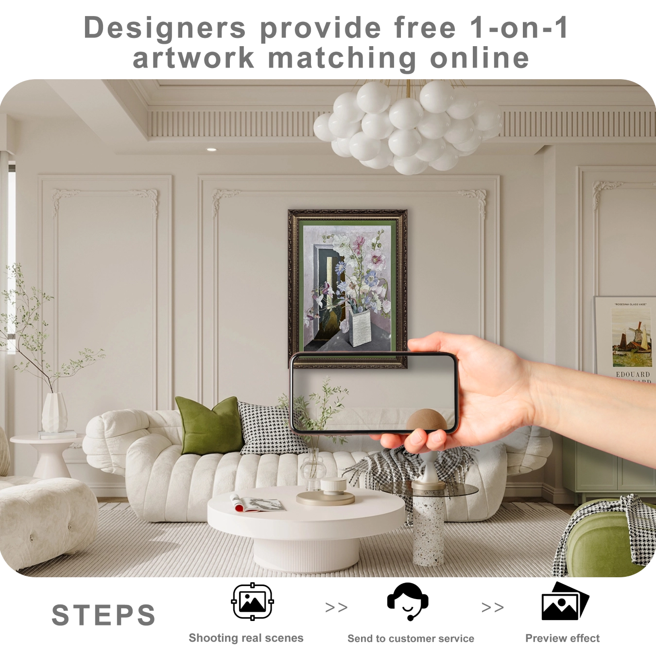 Free online artwork matching service showing wall art placement preview for modern home decor styling.