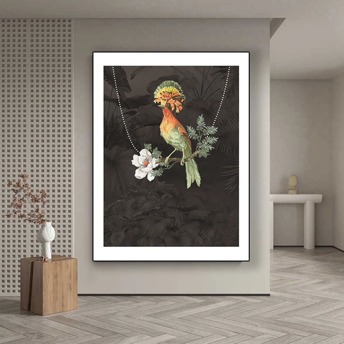 Luxury pearl textured bird wall art adding elegant natural decor to modern interiors.