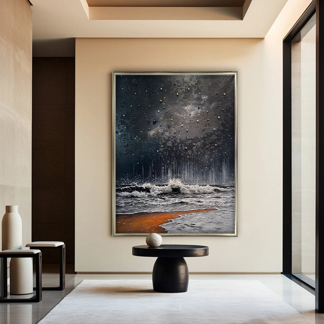 Pearl and crystal heavy-texture wave wall art adding depth and luxury to modern interior decor.