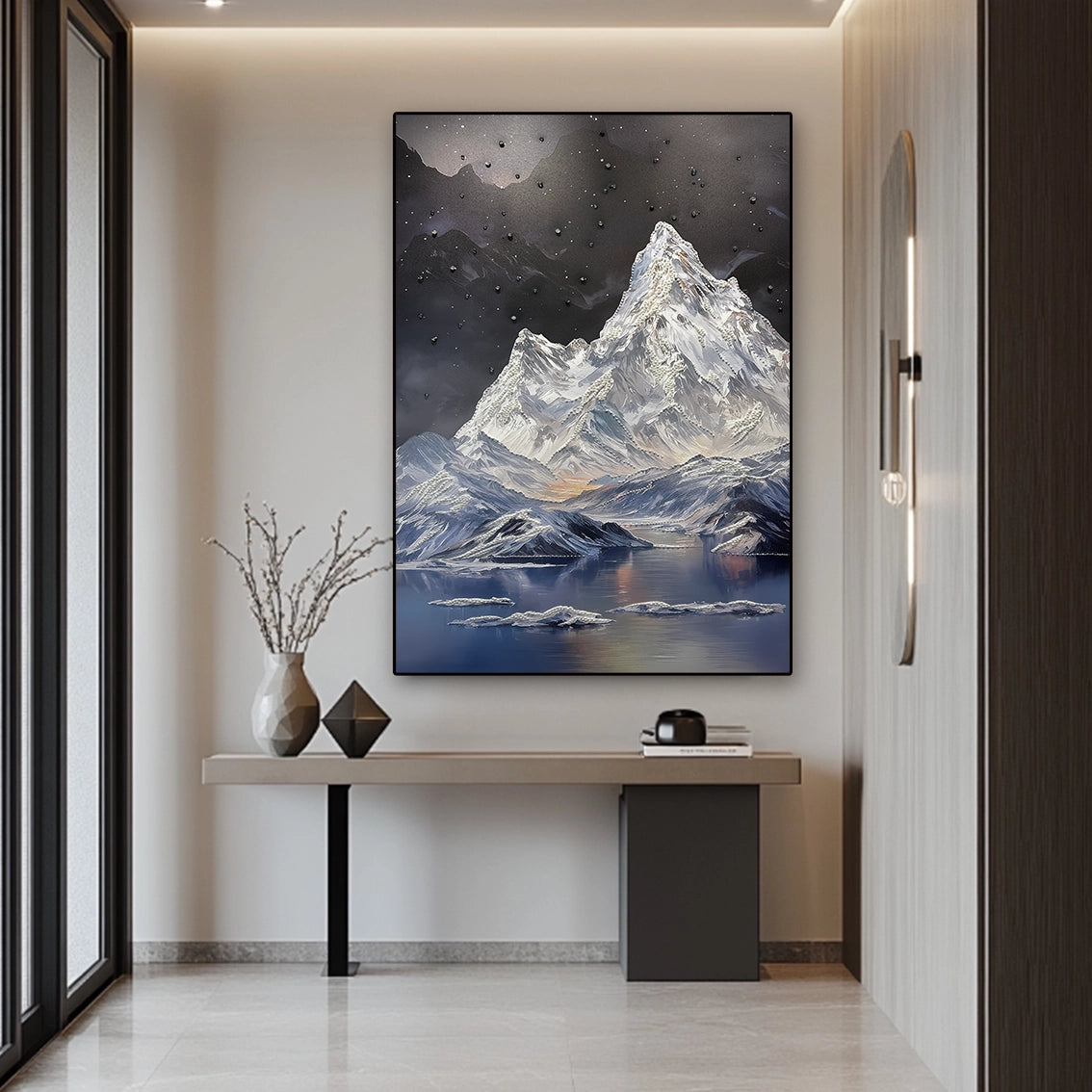 Textured mountain wall art with pearl-crystal inlay enhancing a minimalist hallway wall decor style.