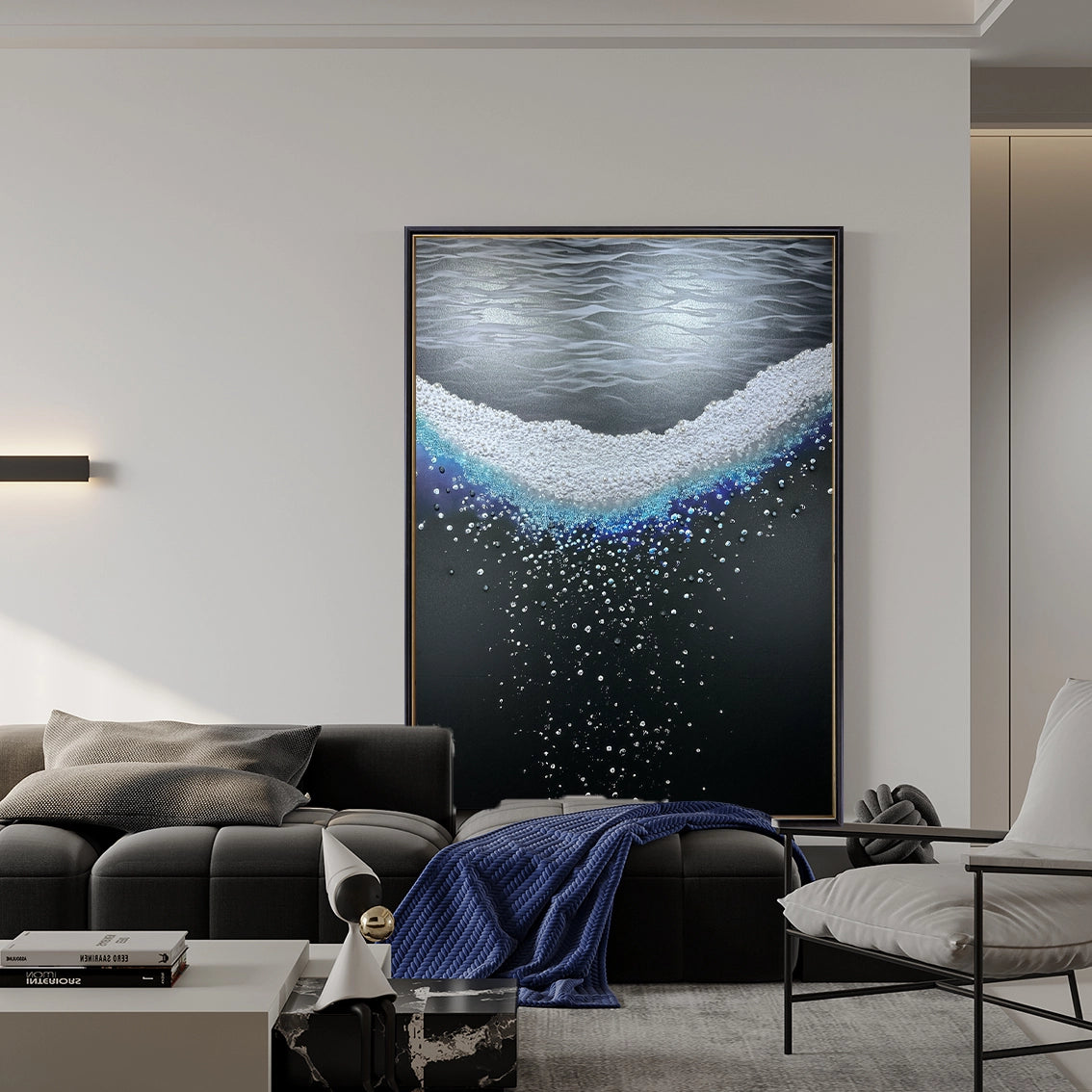 Pearl crystal textured wall art displayed in a modern entryway, highlighting elegant handmade details.