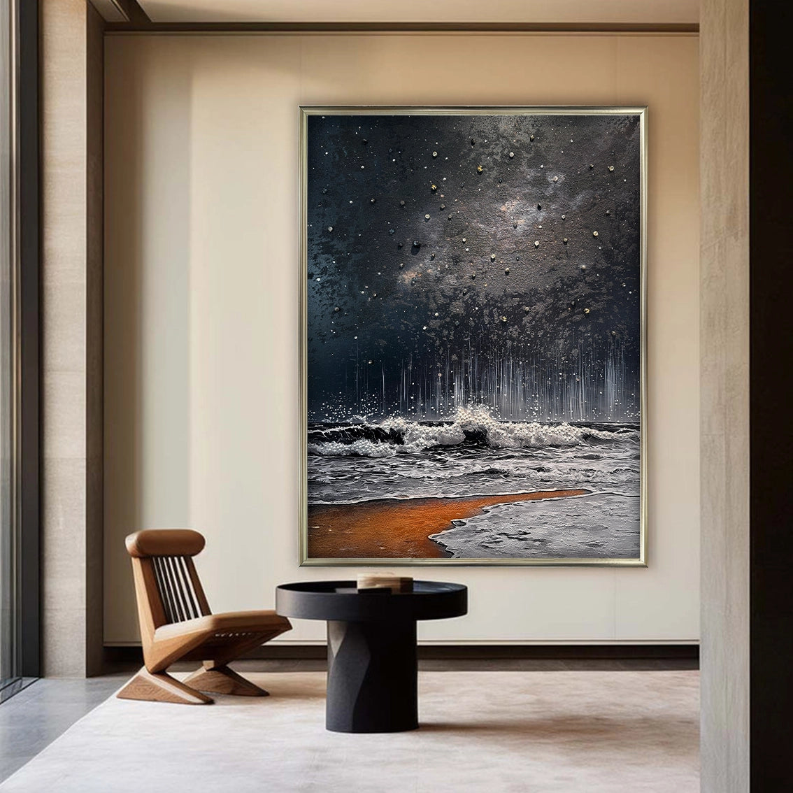 Pearl and crystal textured wave wall art bringing luxury depth and coastal style to modern home decor.