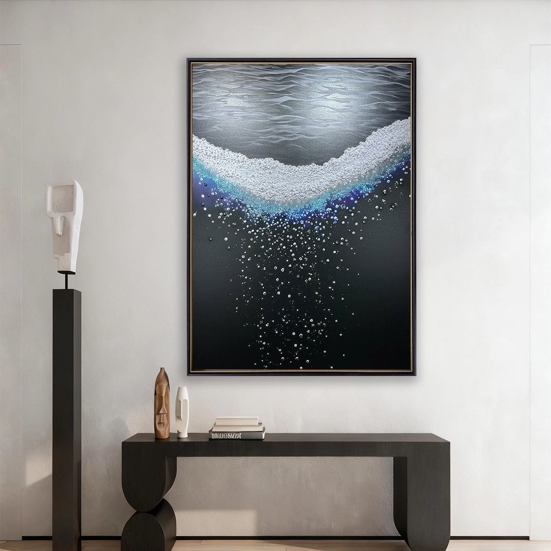 Pearl and crystal embellished textured wall art hanging in a modern living room, adding a luxury focal point.