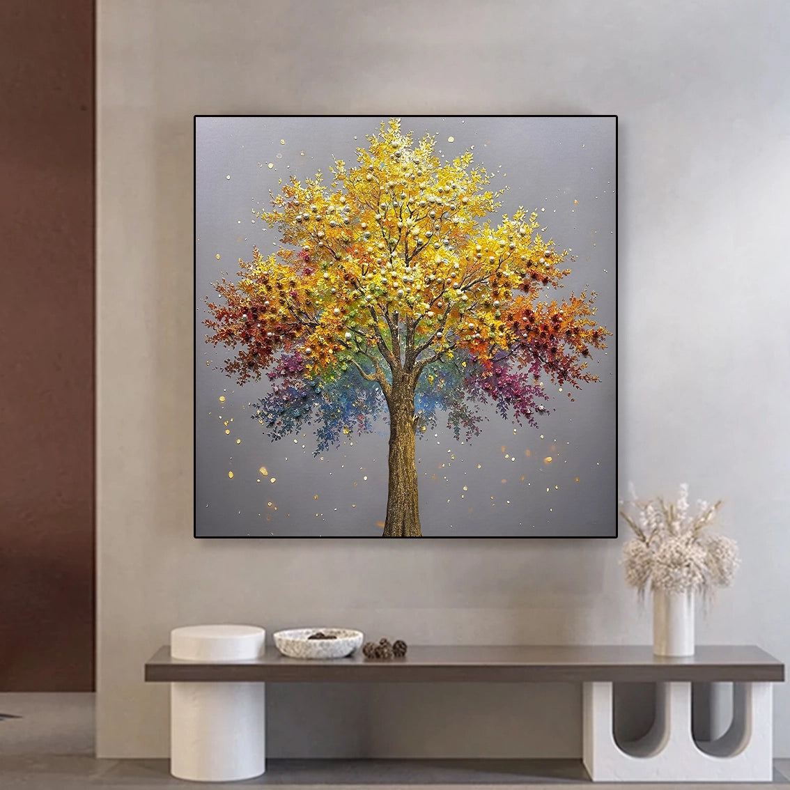 Elegant pearl-embellished textured tree wall art, adding luxury and depth to contemporary living rooms.