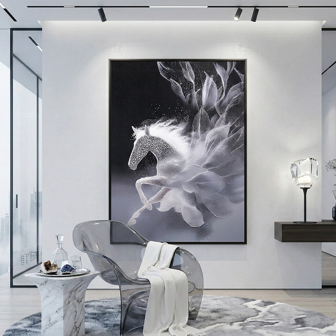 Pearl horse textured wall art for modern living room.