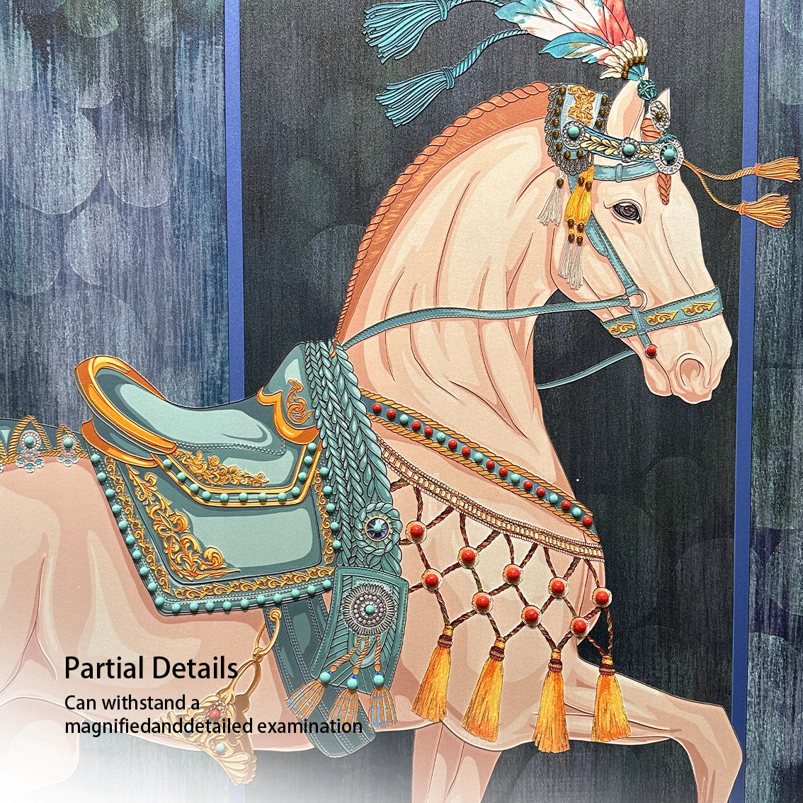 Close up of pearl inlay textured horse wall art details.