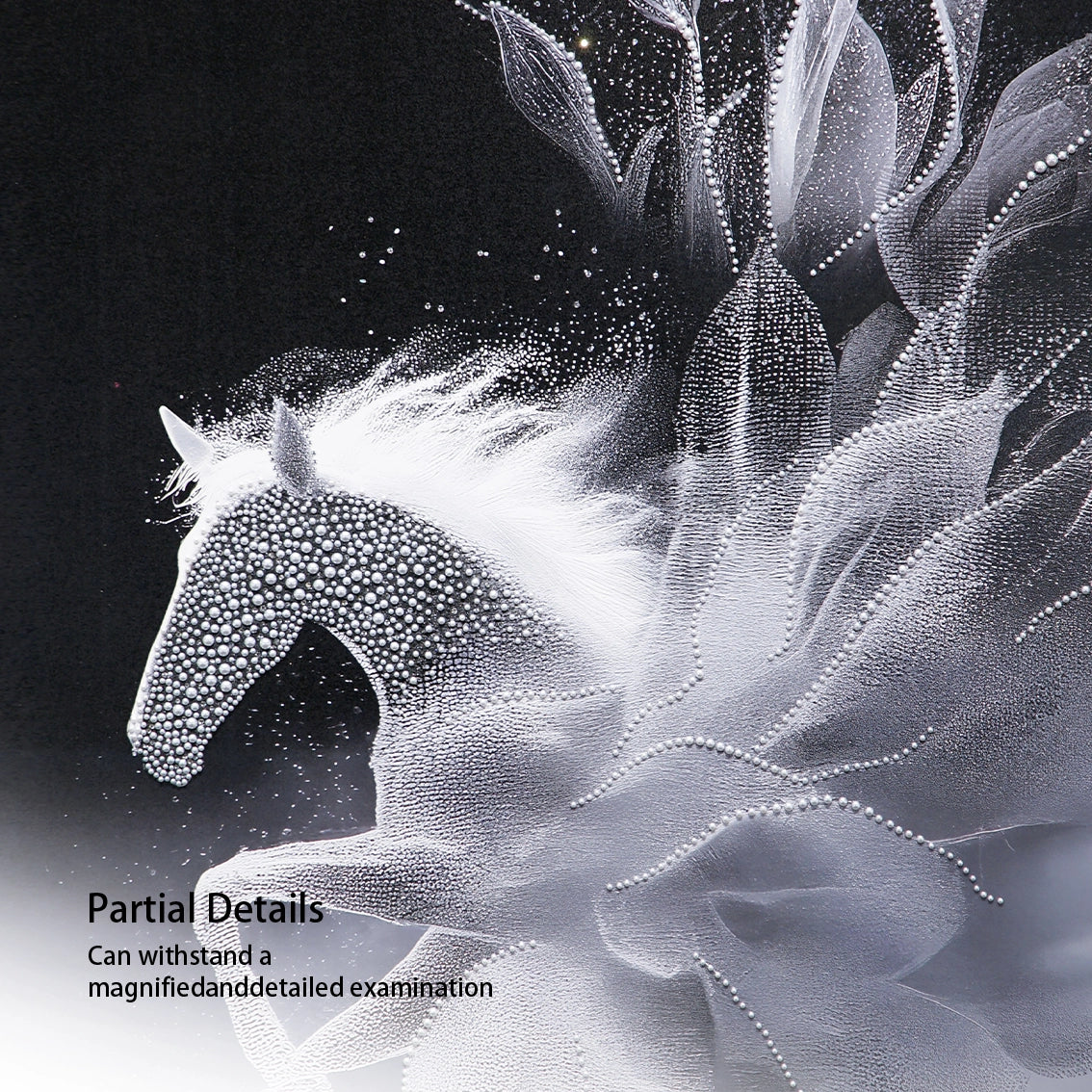 Close up of pearl inlay textured horse wall art details.