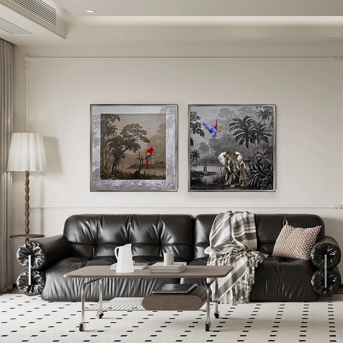 Textured pearl-inlay wall art diptych featuring parrot and elephant, ideal for contemporary home décor