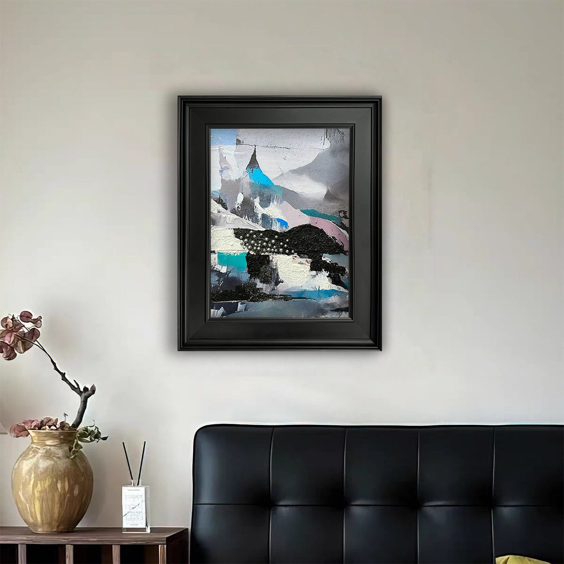 Pearl inlay textured abstract wall art enhancing a contemporary living room with soft neutral tones.