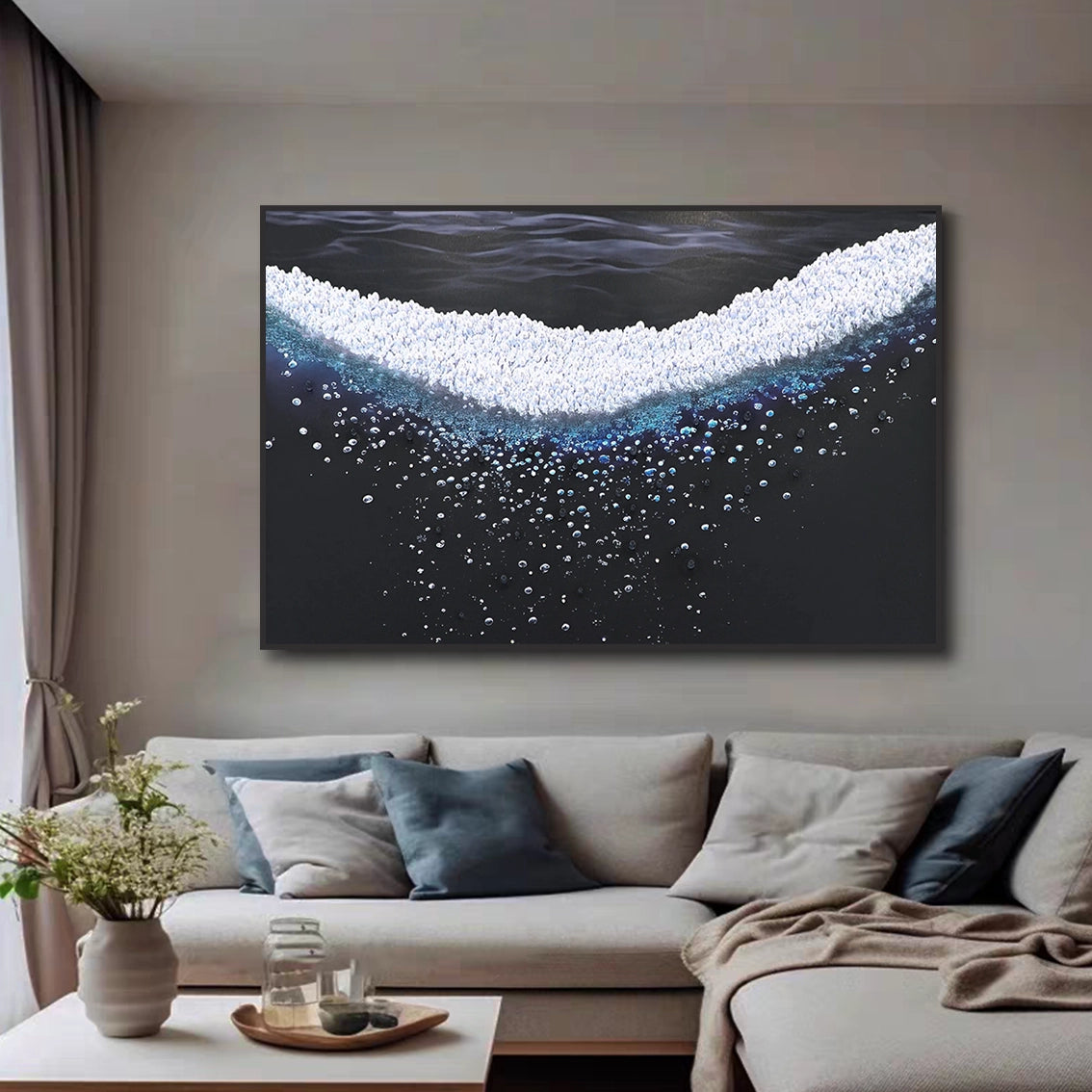 Pearl ocean wave wall art for living room with grey sofa modern wall decor.
