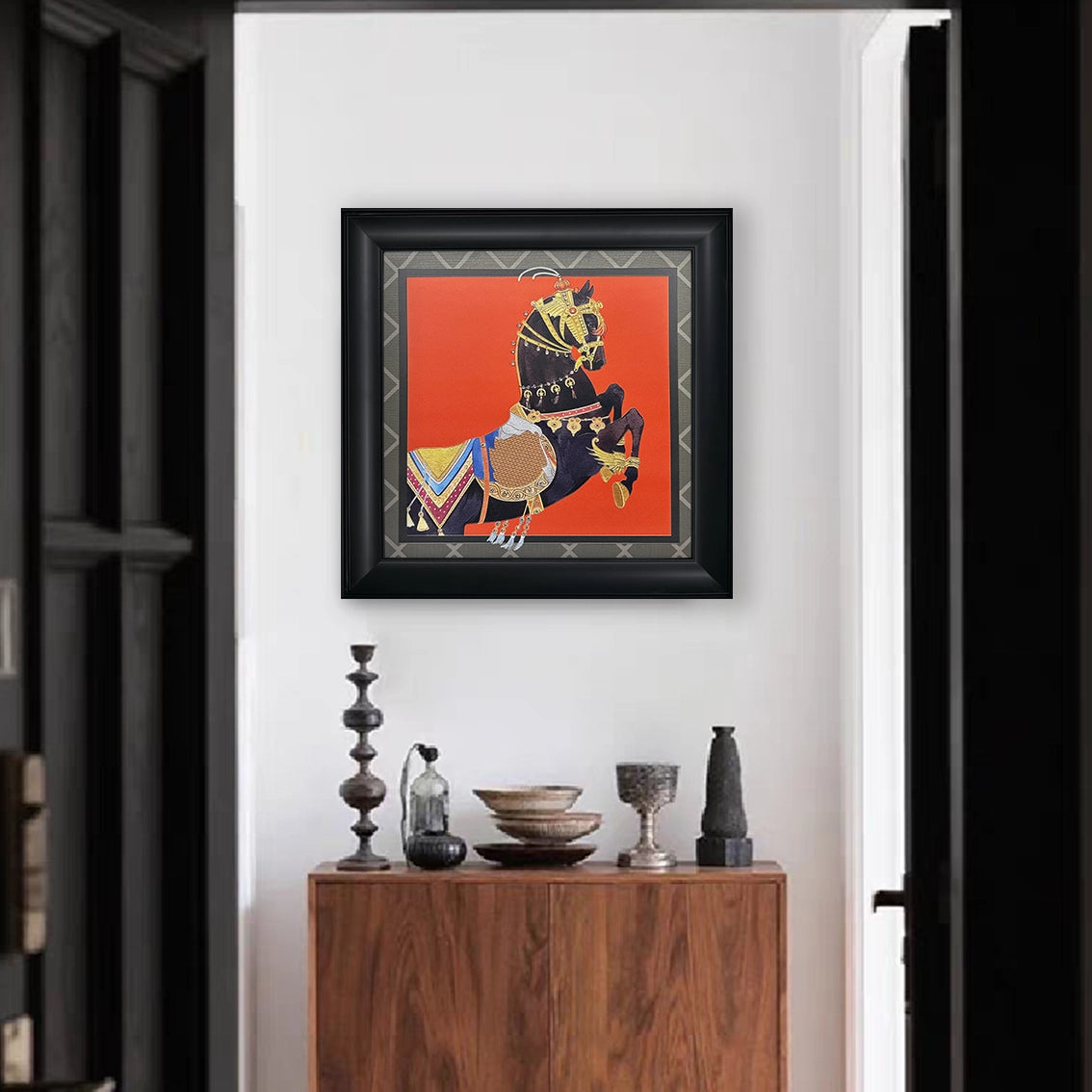 Red background horse wall art with heavy texture and diamond details, ideal for stylish home decor.