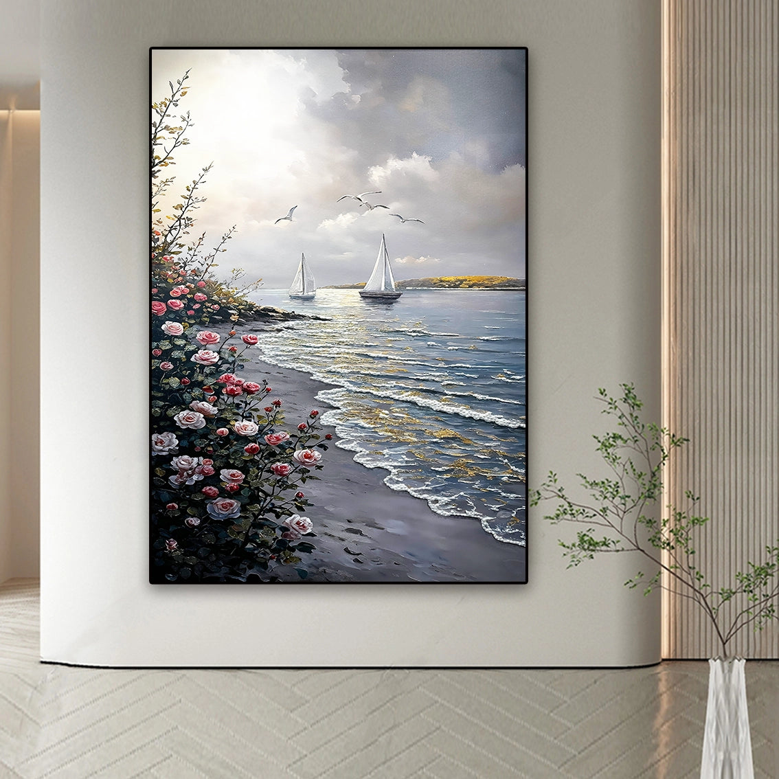 Seaside floral textured wall art with pearl and crystal inlay, enhancing bright hallway with coastal wall decor.