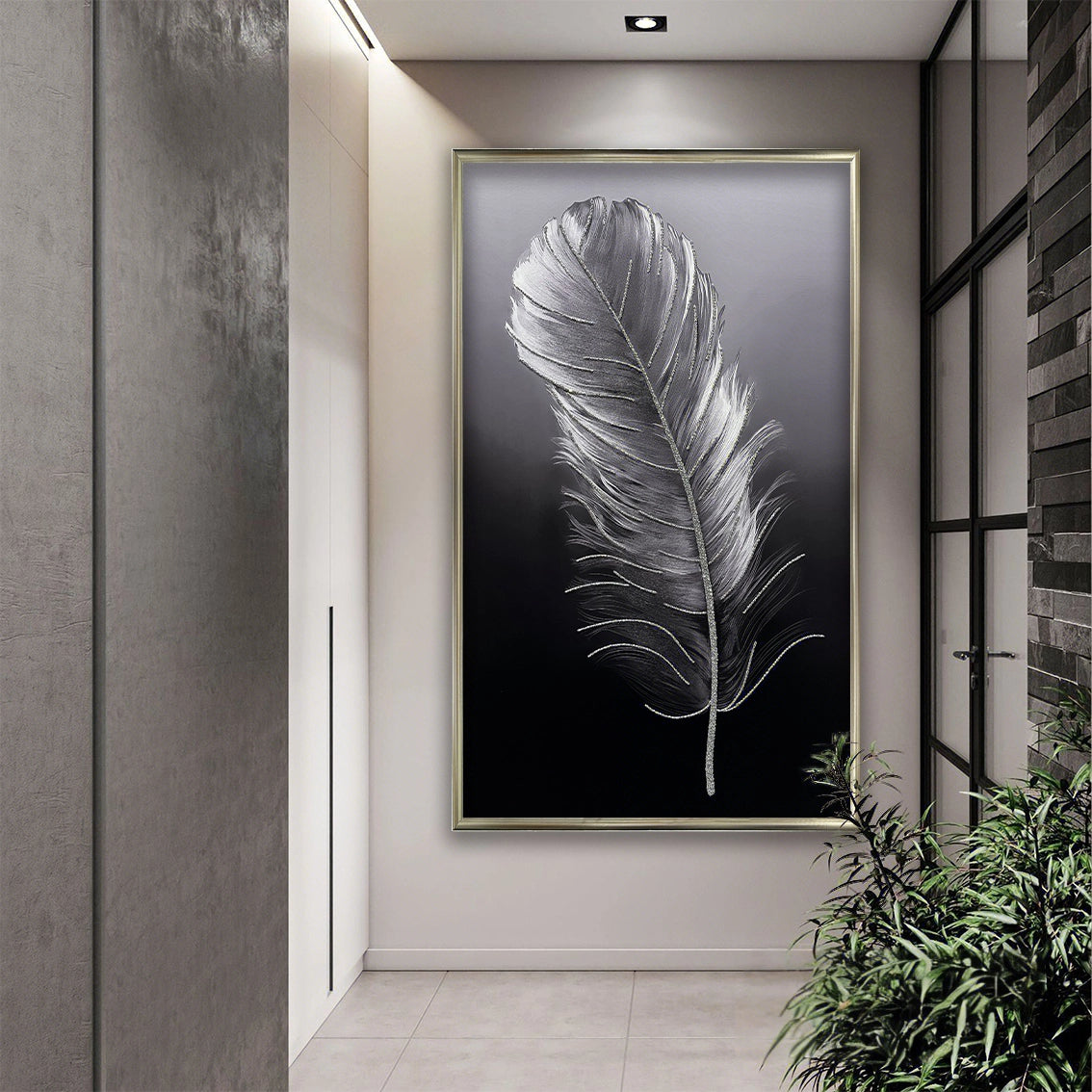 Textured silver feather wall art with diamond inlay displayed in a modern hallway for elegant wall decor.