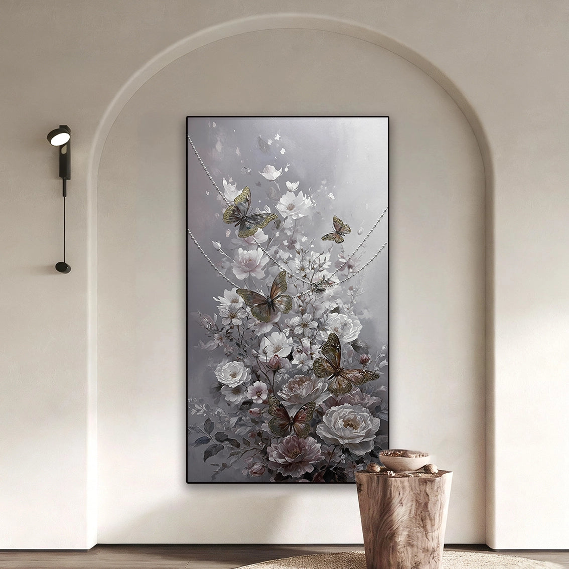 Floral butterfly pearl-inlay wall art framed in soft lighting, perfect for living room decor.