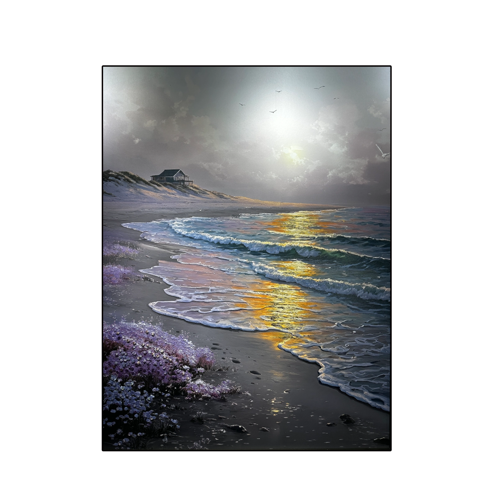 Sunset beach wall art with 3D texture and floral relief, showing vivid waves and glowing horizon.