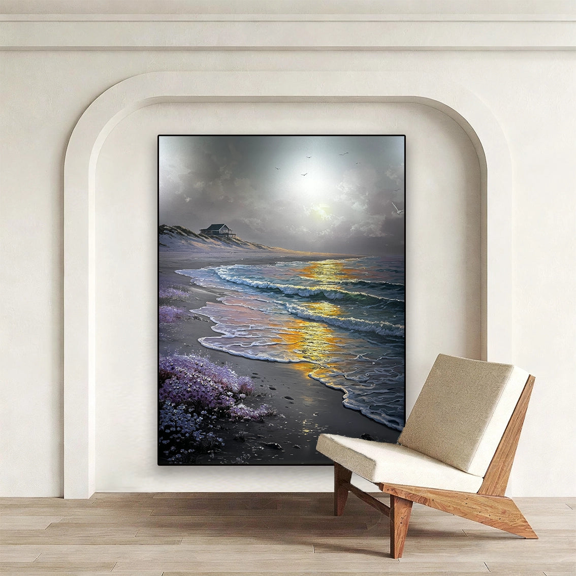 Sunset textured beach wall art in a modern room, featuring waves and floral relief for luxury decor.