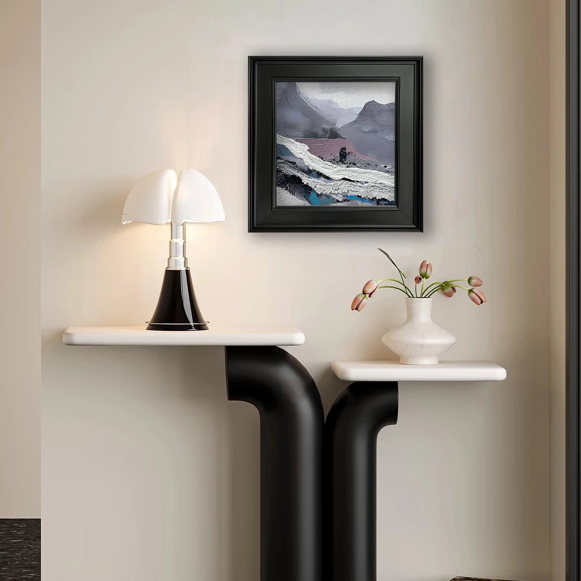 Textured abstract mountain wall art with floral relief, styled in a modern interior for elegant wall decor.