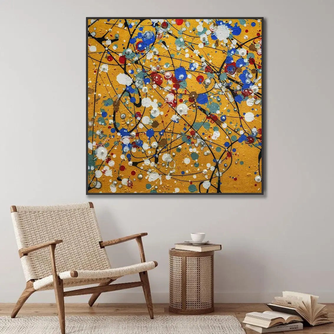 Textured abstract wall art for contemporary living room with pearl accents.