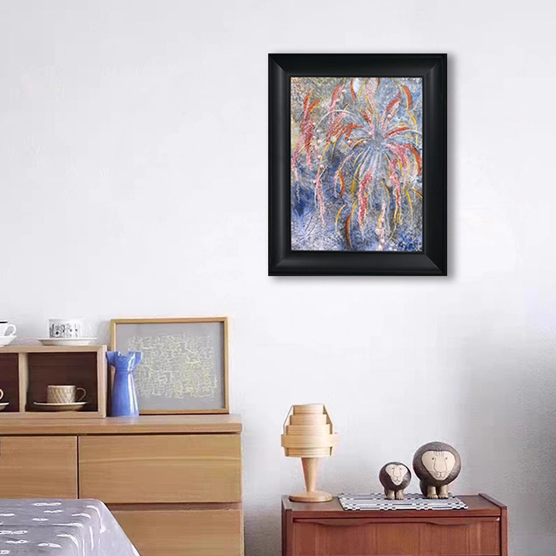 Textured abstract wall art with pearl and crystal inlay displayed as stylish wall decor in a contemporary bedroom interior.