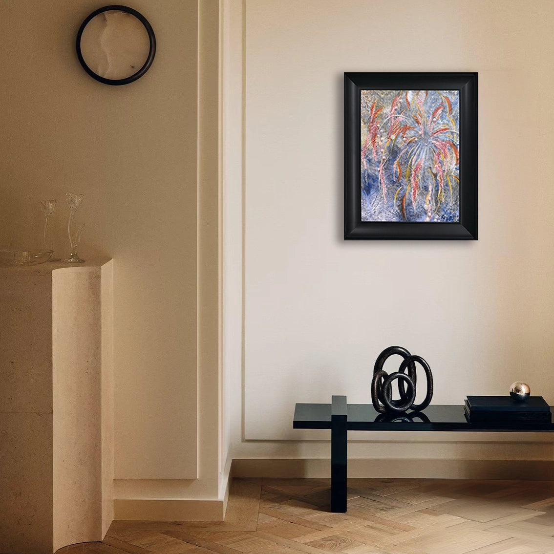 Textured abstract wall art with pearl and crystal inlay displayed as refined wall decor in a modern hallway interior.