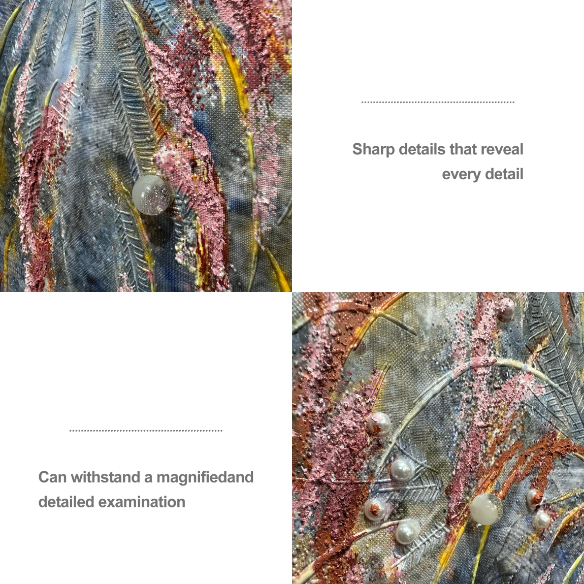 Close-up textured abstract wall art with pearl and crystal inlay, highlighting fine craftsmanship and modern wall decor.