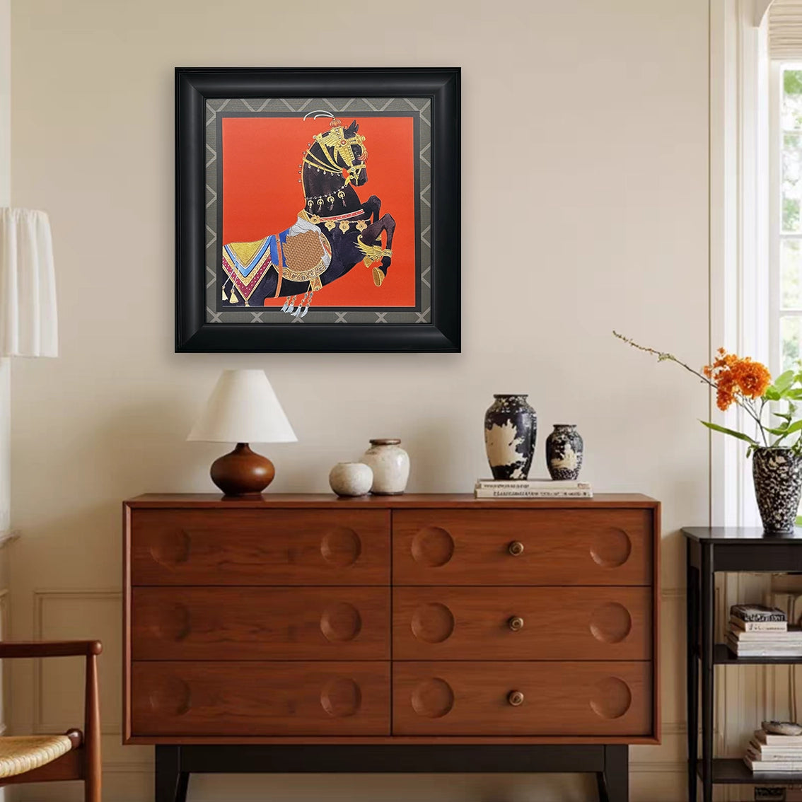 Elegant black horse textured wall art with diamond inlay, adding luxury decor to living room interiors.