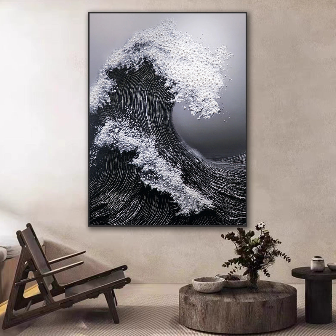 Textured black wave wall art for minimalist living room wall decor.