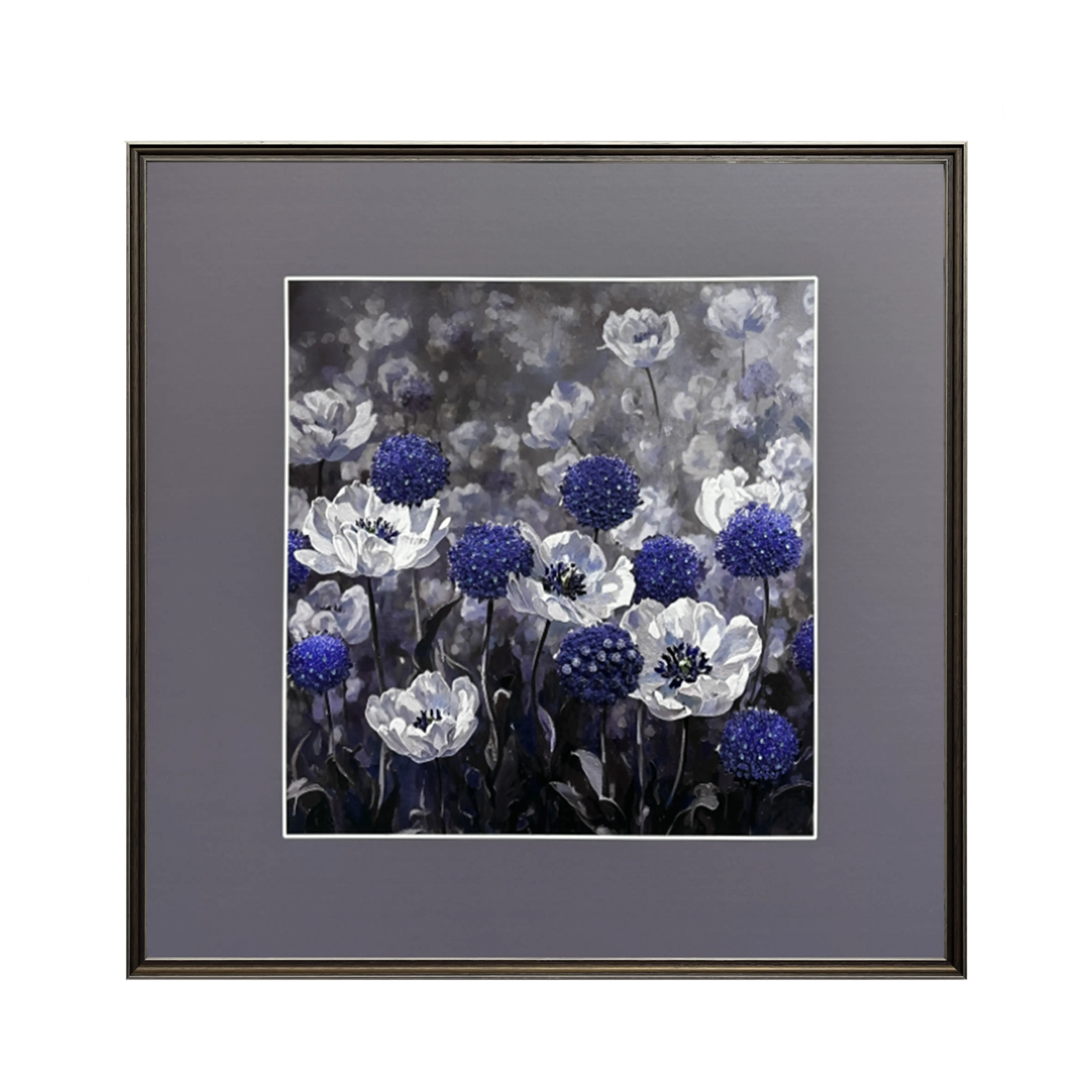 Textured floral wall art with blue diamond details, featuring rich layers and modern decorative craft.