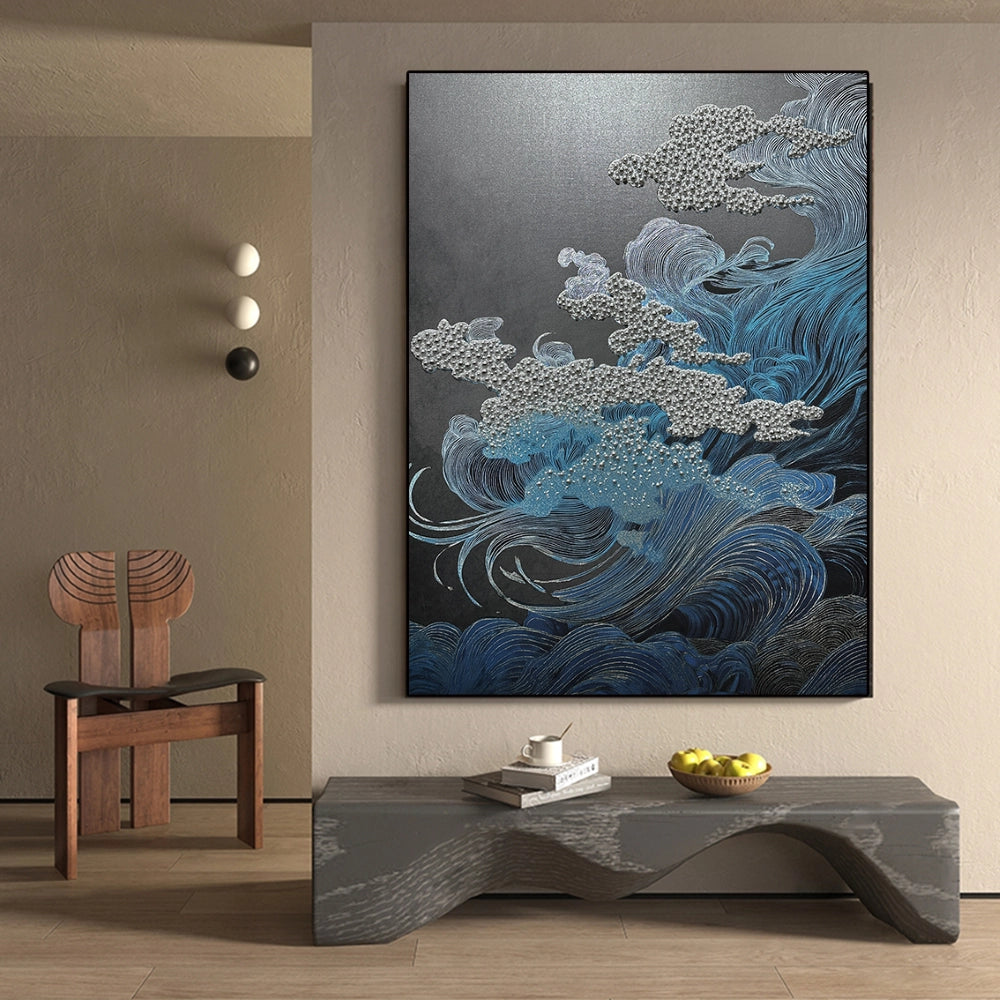 Elegant textured wall art with blue flows and pearl inlay, perfect wall art for living room décor.