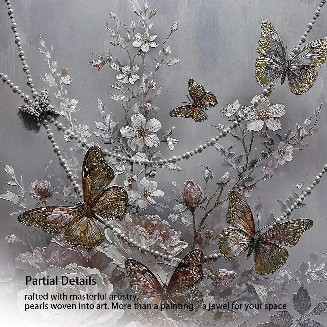 Close up of textured butterfly wall art showing pearl inlay and 3D floral details.
