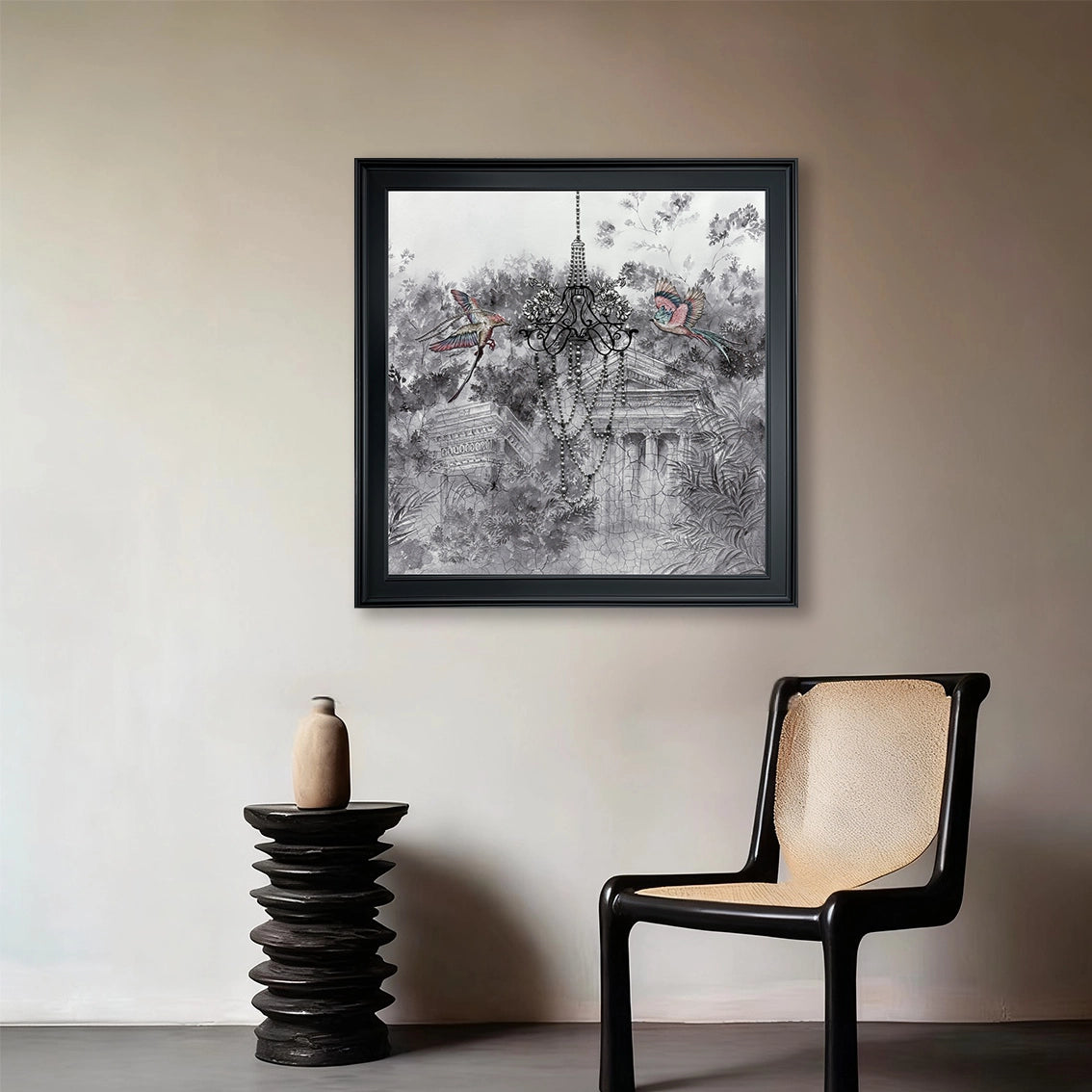 Textured chandelier wall art with birds and pearl details styled in a minimalist interior decor setting.