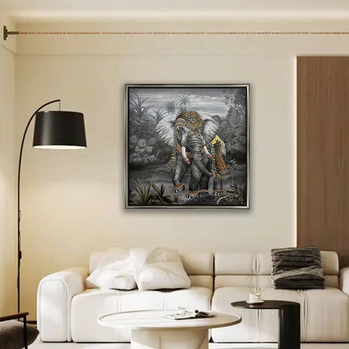 Textured elephant wall art with pearl and diamond inlay decorating a modern neutral living room.