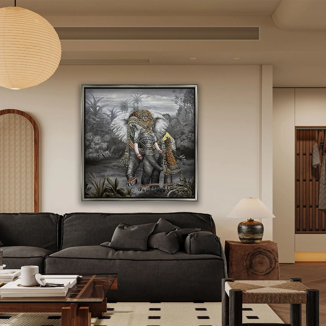 Textured elephant wall art with pearl and diamond beading creating elegant living room decor.